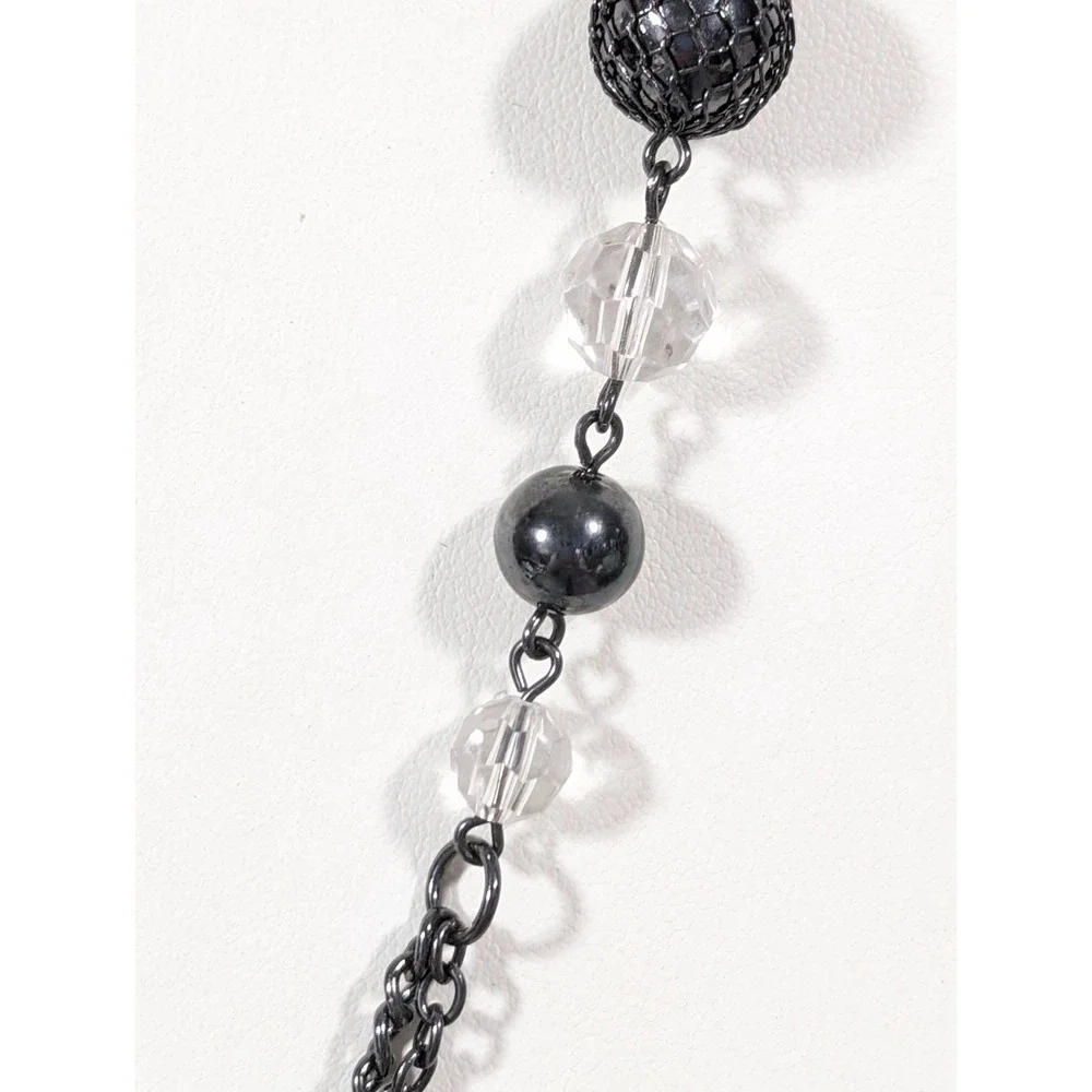Gunmetal Black & Clear Beaded Necklace Faceted Acrylic Long‎ Layering 30 in
